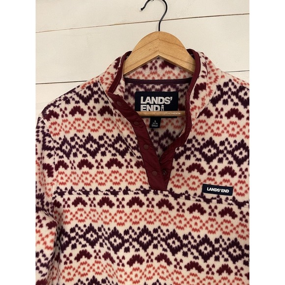 Lands End Heritage Quarter Snap Fleece Pullover Large Burgundy Orange Fair Isle - Picture 2 of 5